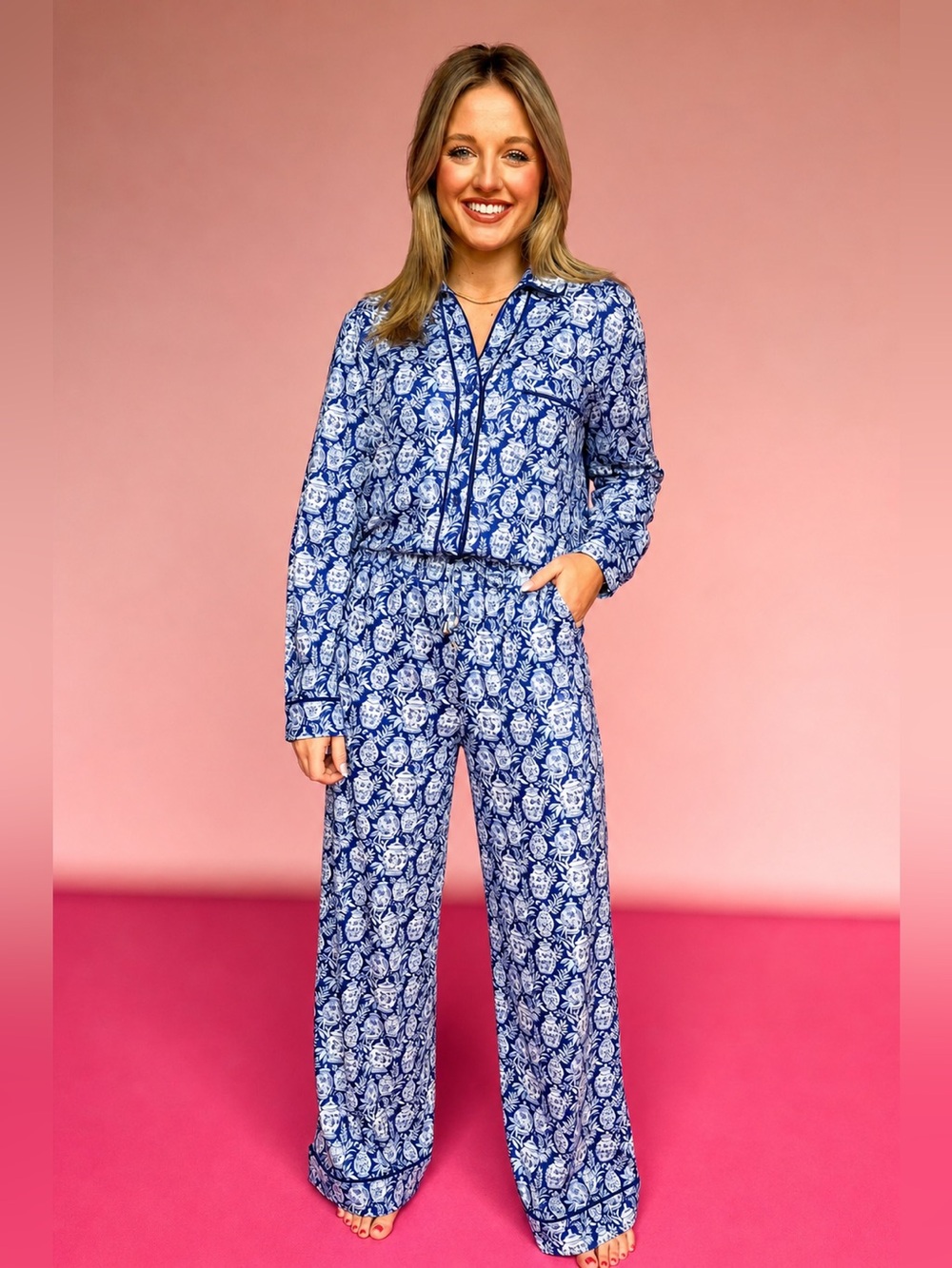 SSYS The Label Millie Long Sleeve Blue Jar Print Pajama Set L NWOT